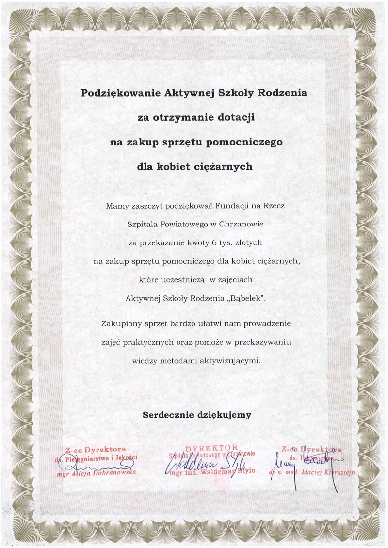 Podziękowania aktywnej Szkoły Rodzenia