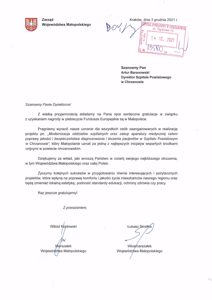Gratulacje Marszałka i Wicemarszałka Województwa Małopolskiego za uzyskanie nagrody w plebiscycie Fundusze Europejskie są w Małopolsce