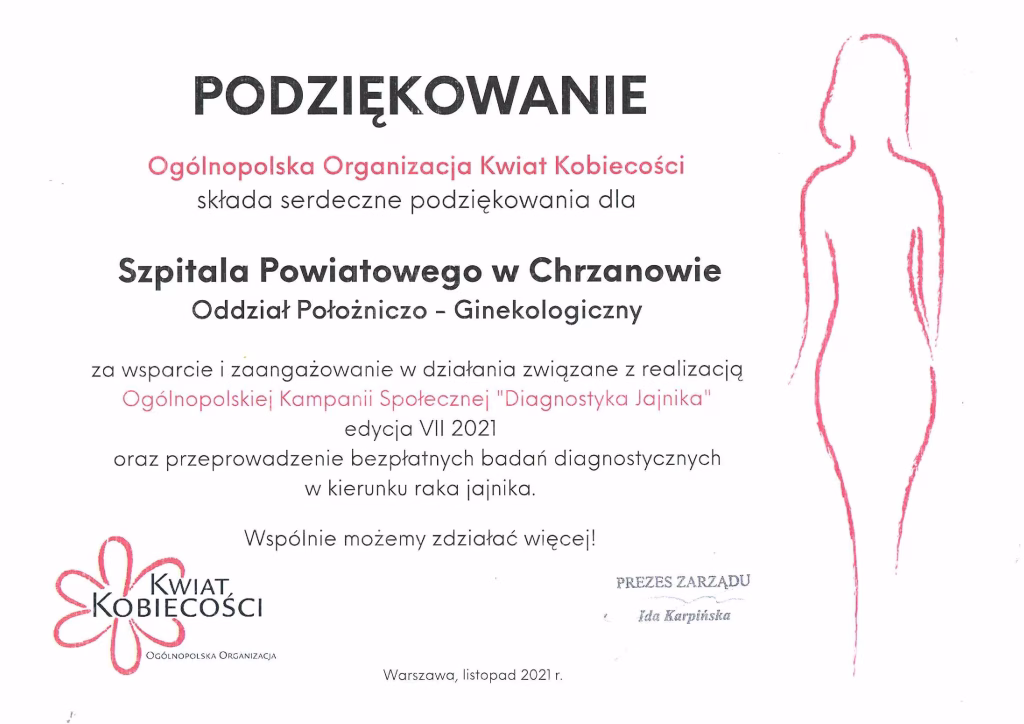 Podziękowanie od Ogólnopolskiej Organizacji Kwiat Kobiecości za zaangażowanie w działania kampanii