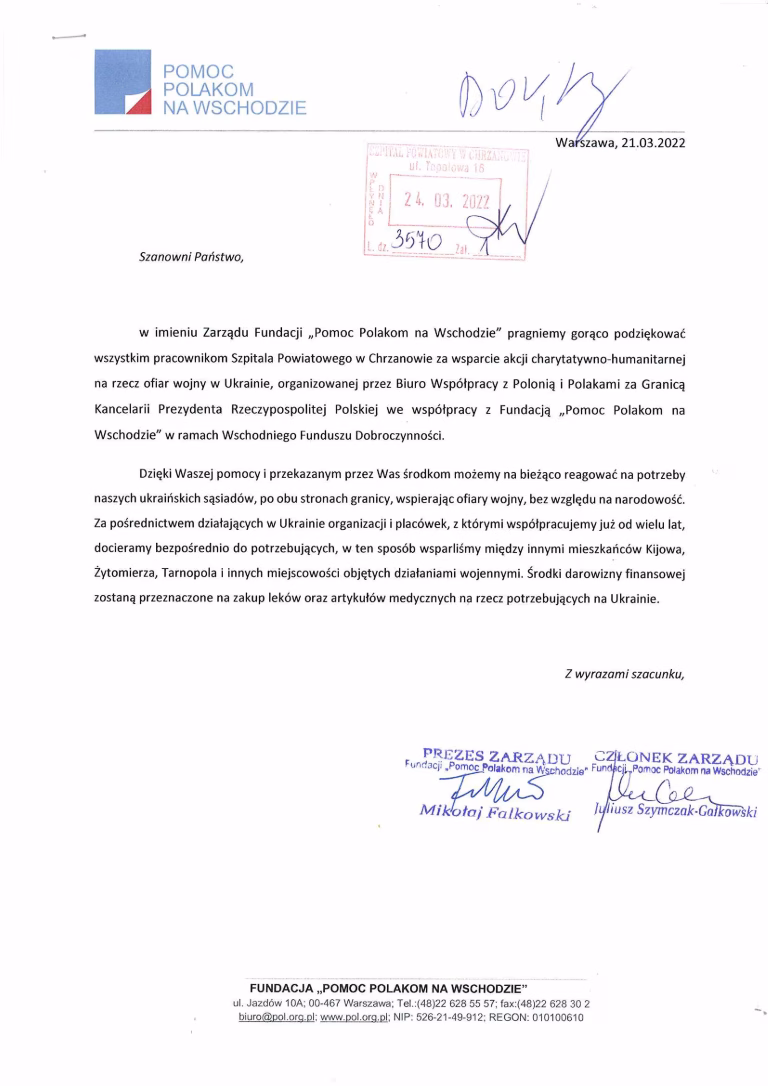 podziękowanie od Fundacji Pomoc Polakom na Wschodzie